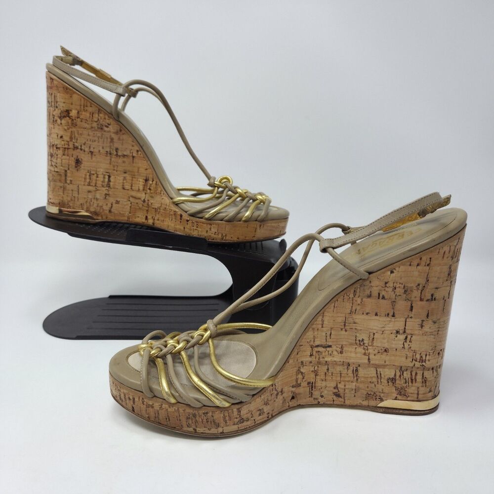 Salvatore Ferragamo Platform Wedge Sandals Strappy Leather Coated Cork Size 9.5 - Picture 2 of 5